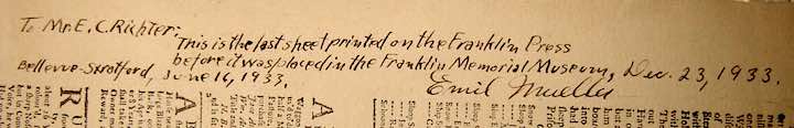 Handwritten notation on the final printed piece from Benjamin Franklin's printing press.
