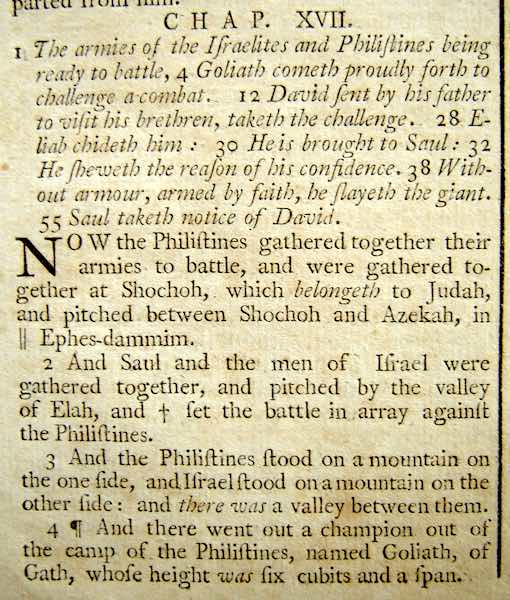 Detail from the Isaac Collins Bible. Documenting the clash between David and Goliath.