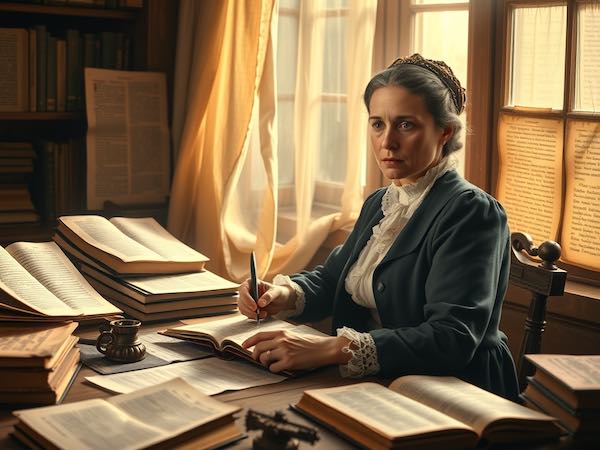 AI generated image of Julia Smith translating the Holy Bible from Hebrew and Greek to English.