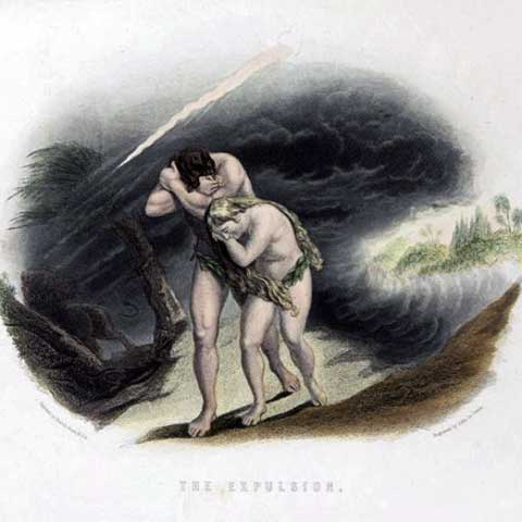The Expulsion: A hand-colored illustration from the self-interpreting Bible.