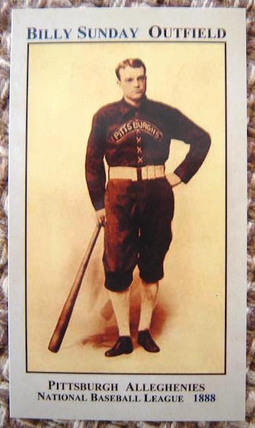 Replica of an 1888 Billy Sunday baseball card. Collection of the author.