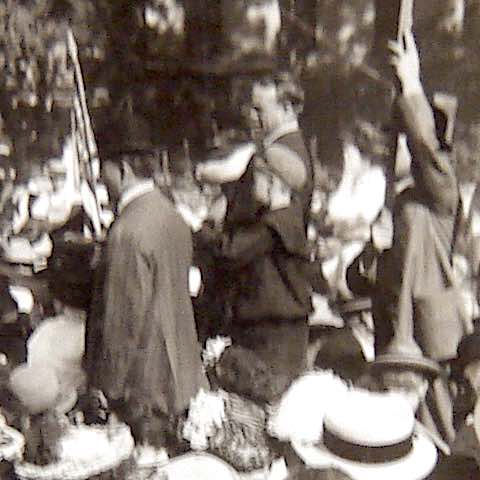 Billy Sunday close up of the Boulder, Colorado stereograph. Sunday is the tall man in the center. Collection of the author.
