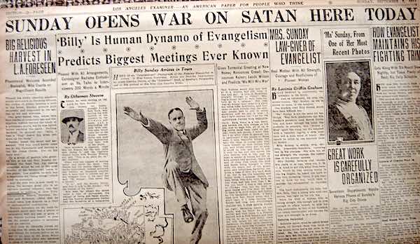 Headline: Sunday Opens War on Satan Here Today. Los Angeles Examiner, 1917. Collection of the author.