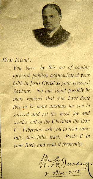 Billy Sunday Tract from one of his evangelistic meetings that drew thousands.