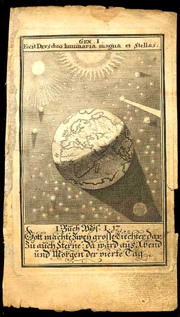 This Bible illustration from the late 1500's shows the earth in space. It is in both latin and german.