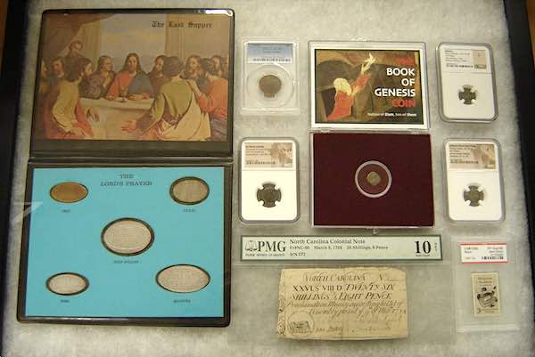 The author's collection of Bible-related coins, paper currency and stamps. Collection of the author.