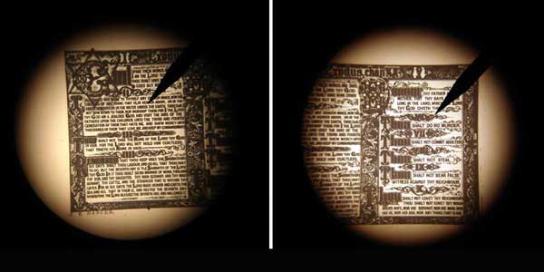 Microphotograph of the Ten Commandments, shown under a laboratory microscope.
