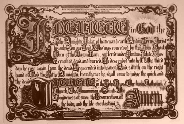 Microphotograph of the the Apostles Creed, shown under a laboratory microscope.