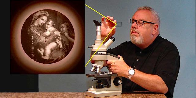 Here is the author with both a laboratory microscope, and a micro photograph from the 1800's. The inset shows the art work that is seen through the microscope. It is the size of a snow flake.