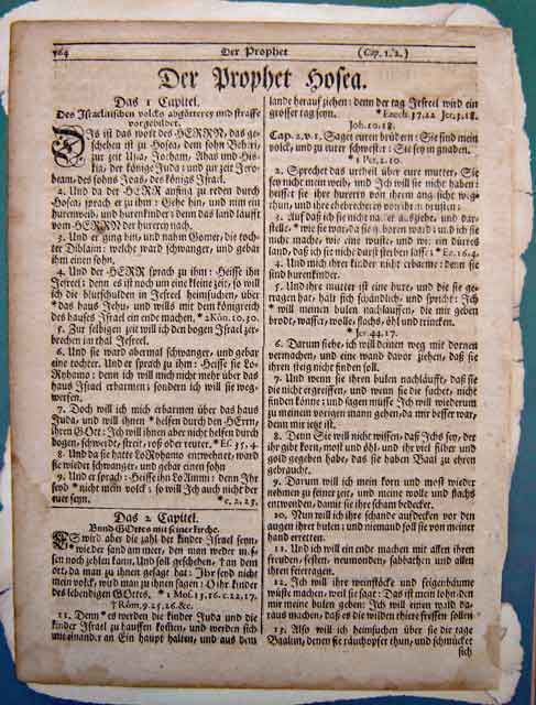 A leaf from the 1743 Saur Germantown Bible. This was the first foreign language Bible (German) printed in America. And only the second Bible printed in American history.