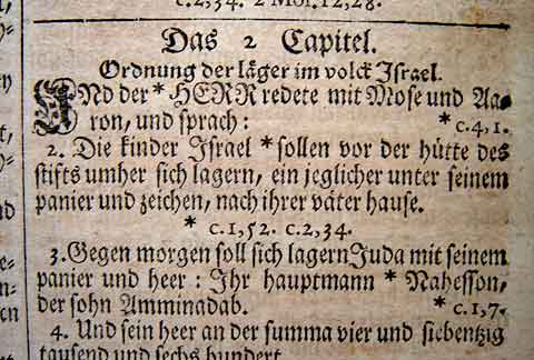 Detail from the 1763 Saur Germantown Bible. This was the first Bible printed on American made paper. This area of Pennsylvania had many paper mills by this time.