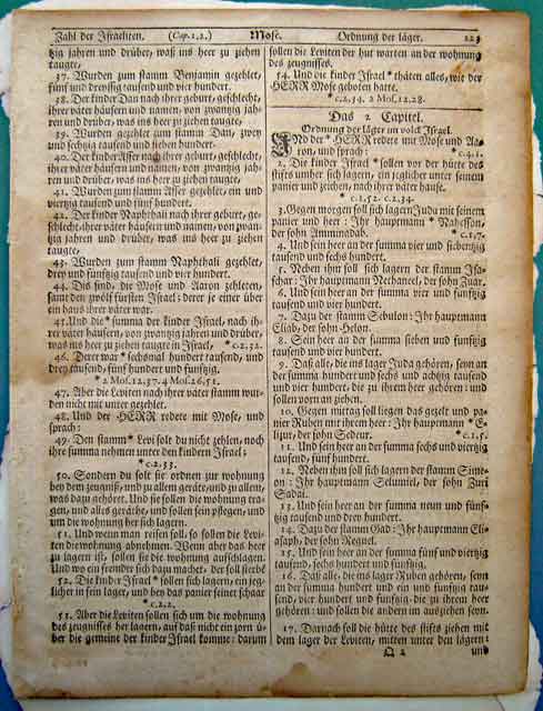 A leaf from the 1763 Saur Germantown Bible. This was the first Bible printed on American made paper. This area of Pennsylvania had many paper mills by this time.