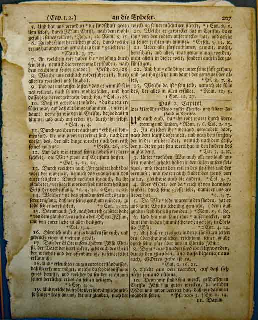 A leaf from the 1776 Saur Germantown Bible. This was the first Bible printed on American made paper, with both American made ink and type. The Revolutionary War raged on Germantown Avenue, directly outside of Christopher Saur II's print shop. In essence, these Bible leaves are physical, historical artifacts of the famous "Battle of Germantown".