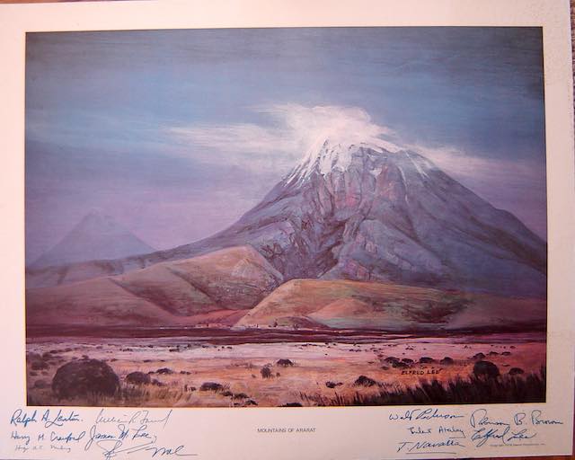 An art print of Ararat by Elfred Lee, commemorating the Noah's Ark expedition of 1969. Signed by the exploration team. Collection of the author.