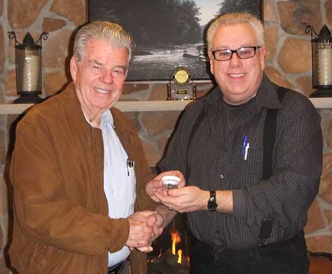 Dr. Carl Baugh gives a cut sliver of the Noah's Ark expedition wood to the author in 2016.