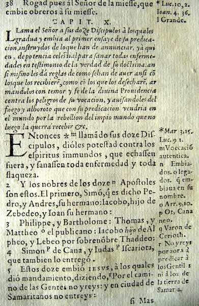La Biblia del Oso: The Bible of the Bear. 1569. Detail shown is from the Gospel of Saint Matthew, introduction to chapter 10. Collection of the Author.