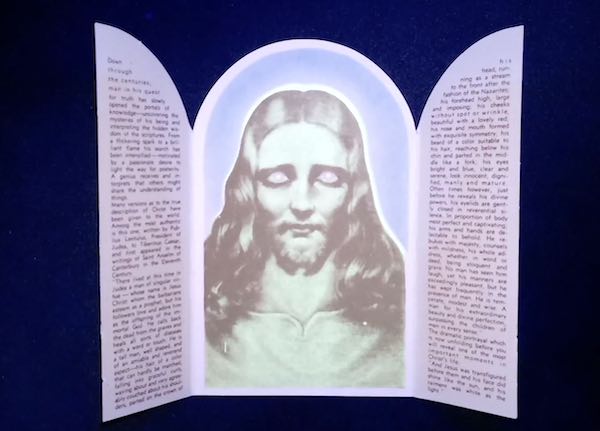 This photo of Christian Ephemera is from 1942 and shows a glow-in-the-dark transformation of Jesus Christ. From the Little Chapel by the Lake at Knott's Berry Farm Amusement Park.