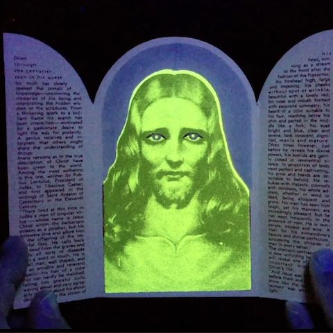 This photo of Christian Ephemera is from 1942 and shows a glow-in-the-dark transformation of Jesus Christ. From the Little Chapel by the Lake at Knott's Berry Farm Amusement Park.