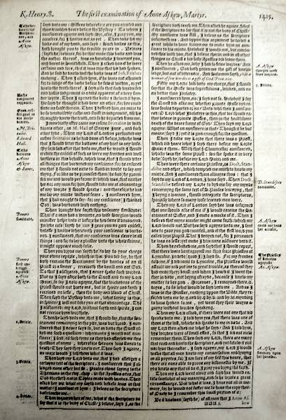 Anne Askew's testimony before her accusers. Foxe's Book of Martyrs. Collection of the author.