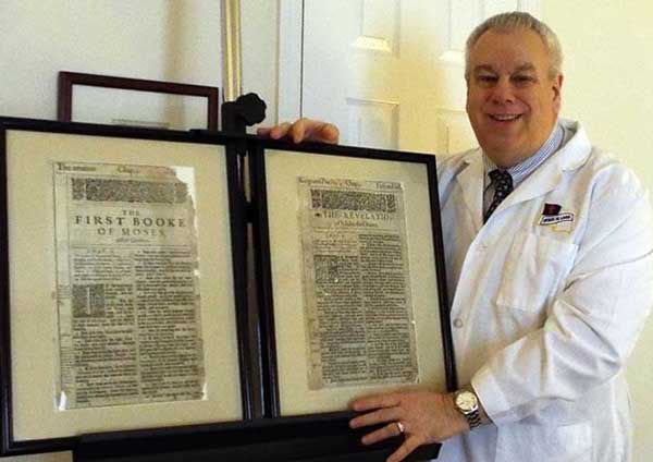 The author shows his first-edition, first-printing leaves from the 1611 King James Bible, printed by Robert Barker in England.
