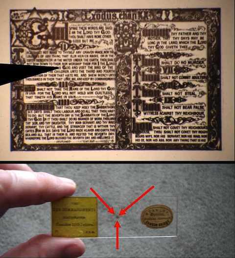 Microscopic Ten Commandments from the 1800's. The image on the slide is the size of a small snowflake.